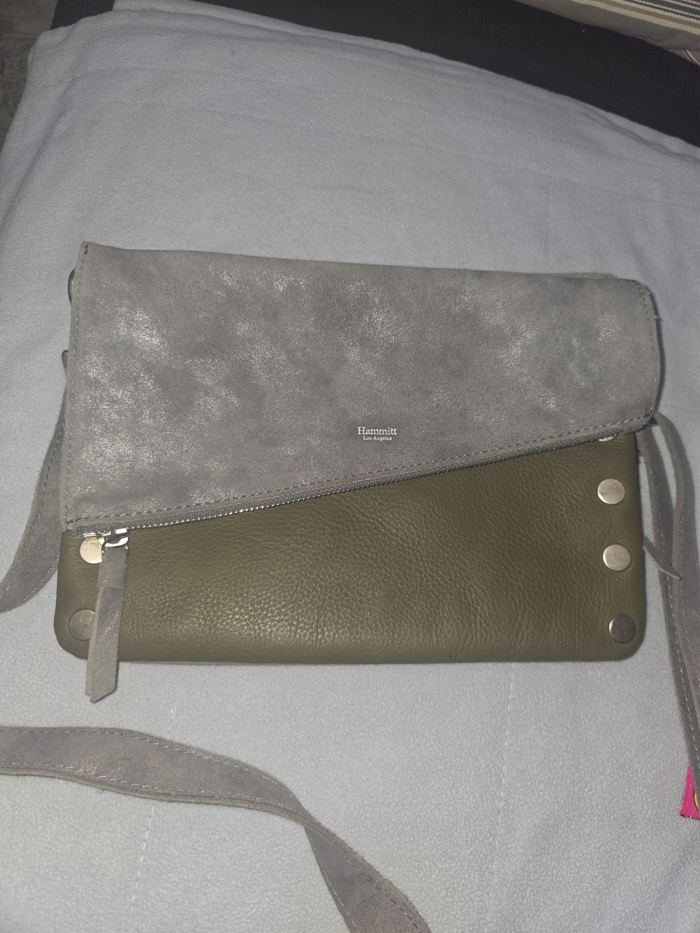 Hammitt Fold-Over Crossbody in Grey Suede and Olive Leather